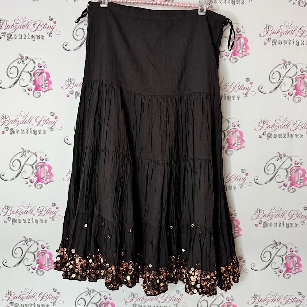 Suzy Shier sparkly Maxi A-Line Skirt with Tiered Embellishments sequins brown